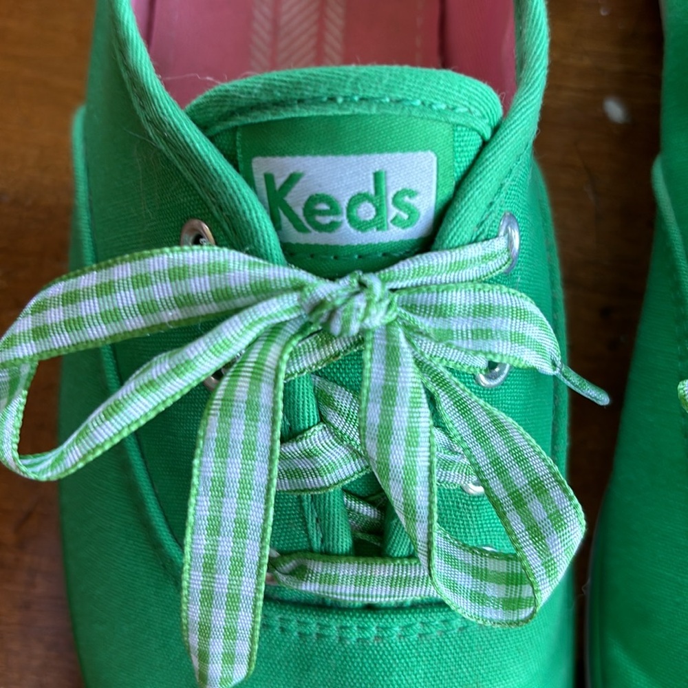 Keds women’s size 9.5 bright green & gingham laces champion oxford tennis shoes - Picture 2 of 11